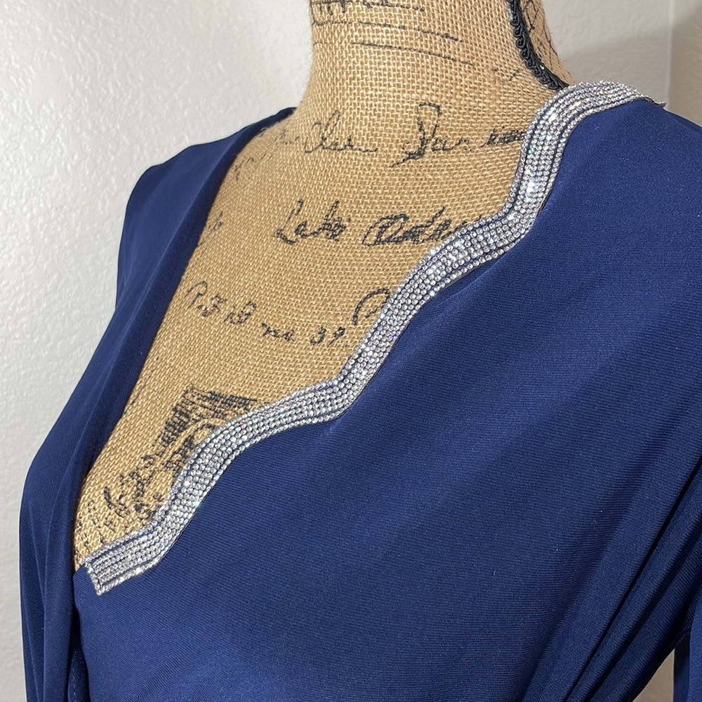 COPY- MSK Embellished Chiffon Sleeve Top Rhinestone Faux Wrap Surplice Blouse - Picture 6 of 17